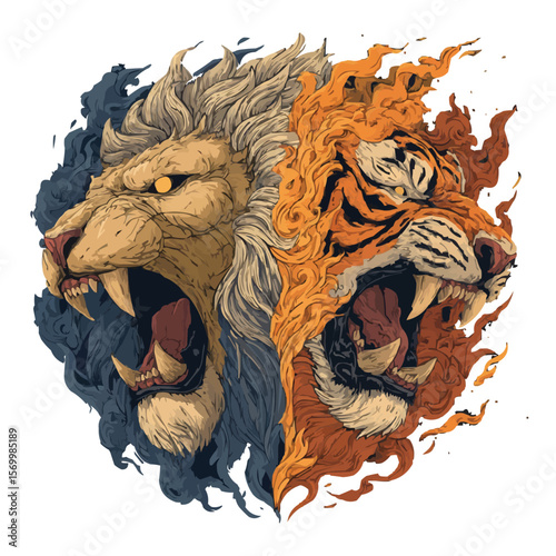  Fire and Ice Lion Heads – Dual Element Concept