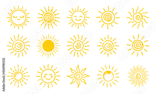 Collection of fifteen stylized yellow sun icons with various designs including happy faces and spiral patterns