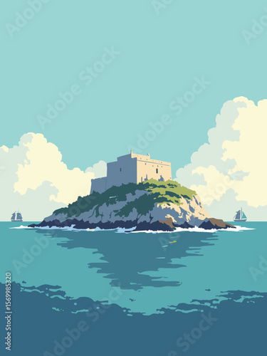 Rock of Gibraltar under bright daylight, with sea breeze waves and distant ships in blue horizon