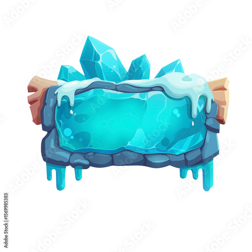 2D Anime Style Summer Floating Blue Crystal Signboard with Faceted Edges, Isolated on White Background with Copy Space