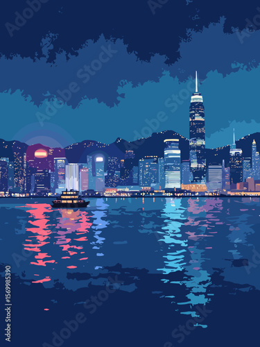 Victoria Harbour at night with neon lights from skyscrapers reflecting in deep harbor blue