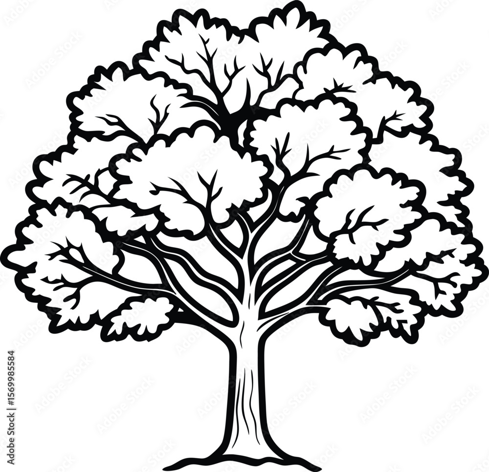 Fototapeta premium Majestic Tree Silhouette: A detailed, high-contrast black and white illustration of a large tree. showcasing the beauty of nature and the strength of roots and branches.