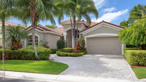 The charming tropical house with pristine landscaping and inviting driveway