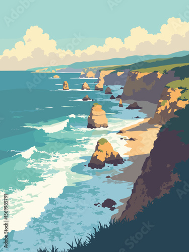 Great Ocean Road winding along Australian cliffs with crashing waves and golden rock formations