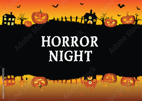 Spooky Halloween night with scary pumpkins, bats, and a dark, eerie tree silhouette – a perfect vector illustration for an October holiday celebration card