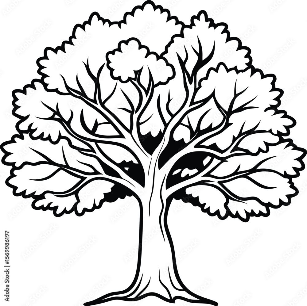 Fototapeta premium The Majestic Oak: A bold, striking, and detailed outline of a sturdy oak tree, its sprawling branches reaching towards the sky, its trunk firmly rooted in the earth.