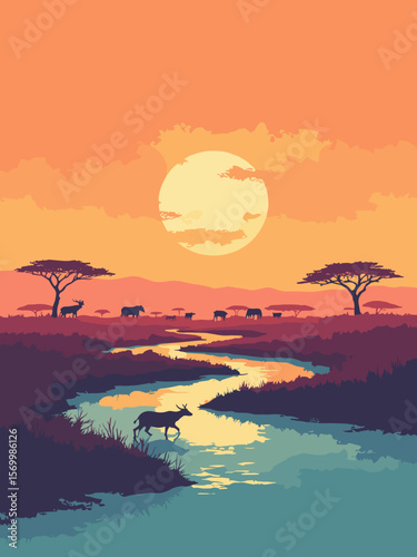 Okavango Delta showing lush water channels through arid land, with wildlife silhouettes and sunset glow