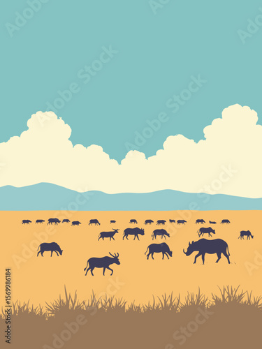 Serengeti Plains filled with migrating wildlife under vast blue skies and golden savannah grasses