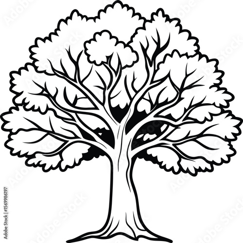 The Majestic Oak: A bold, striking, and detailed outline of a sturdy oak tree, its sprawling branches reaching towards the sky, its trunk firmly rooted in the earth.