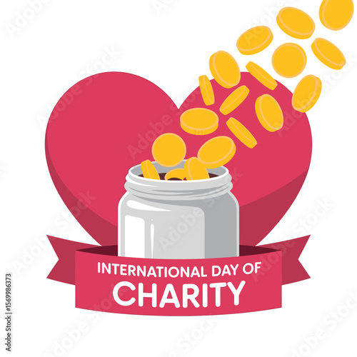 International Day of Charity Vector Graphic Coins Falling into Jar with Heart Backdrop and Pink Ribbon Banner, Promoting Generosity and Charitable Giving