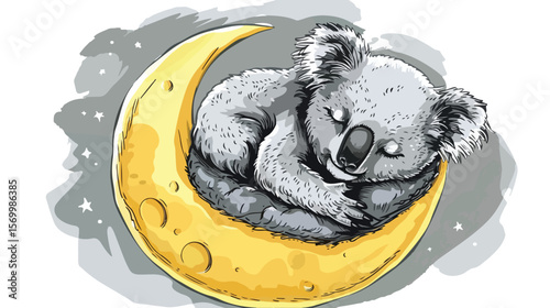 Dreamy Koala Snoozing on a Crescent Moon: Hand-Drawn Vector Illustration sky art cute rest calm night