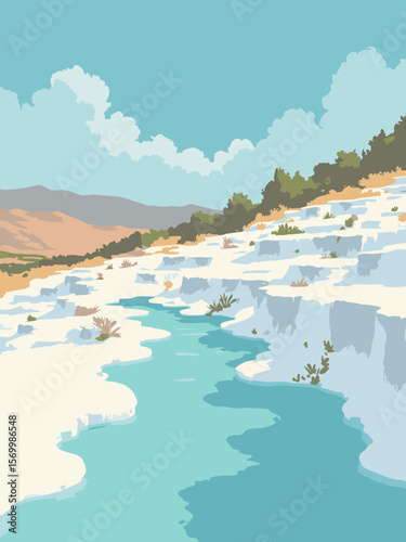 Pamukkale Terraces with white mineral pools cascading under blue sky, soft turquoise reflections