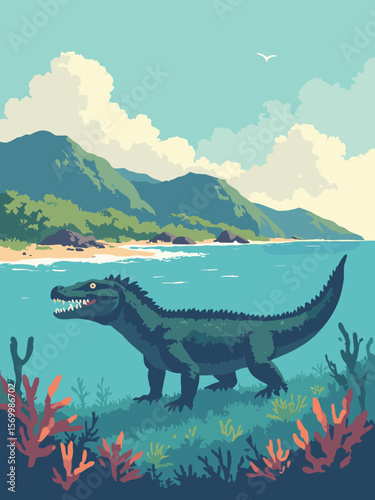 Komodo Island with rugged hills meeting bright coral waters, Komodo dragon in natural habitat