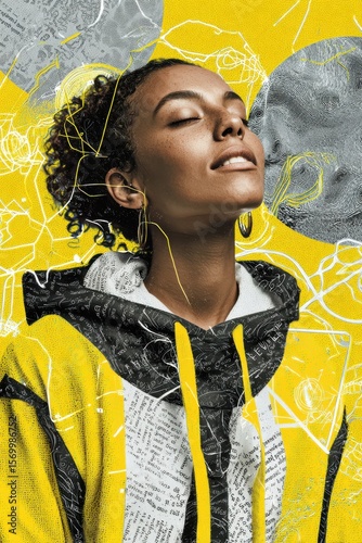 Vibrant fashion portrait of woman in yellow hoodie with abstract graphic background