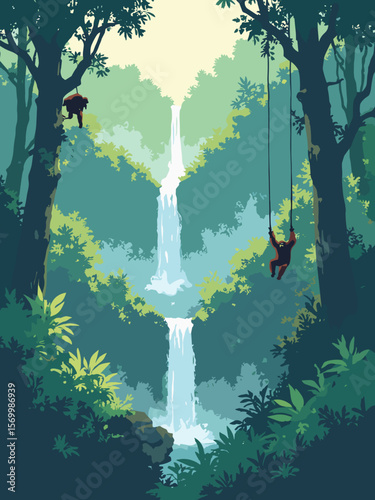 Borneo Rainforest in thick green jungle layers with mist, waterfalls, and orangutans swinging