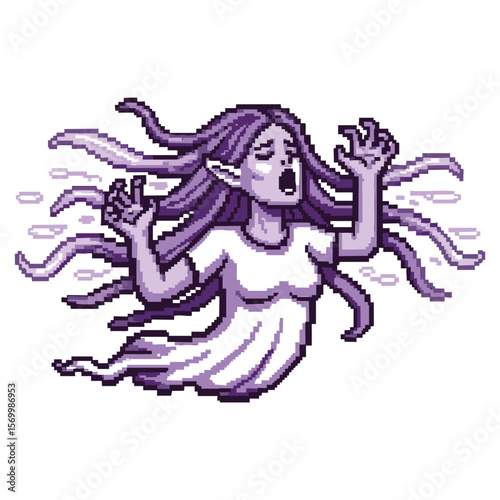 Pixel Art Ghost Woman: Spectral Figure, 8-bit Spirit, Halloween Design, Digital Illustration, Supernatural Entity, Fantasy Character, Game Asset, Grieving Woman, Ethereal Being, Pixelated Sprite