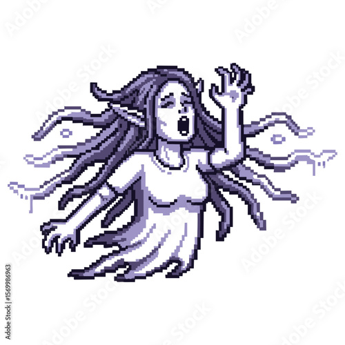 Pixel Art Ghost Woman: Spectral Female Figure, 8-Bit Sprite, Supernatural Being, Halloween Illustration, Digital Creature Design