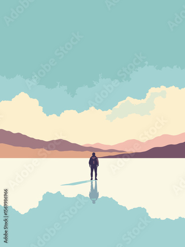 Salar de Uyuni mirror-like salt flats reflecting sky, white vastness with lone traveler and mountains