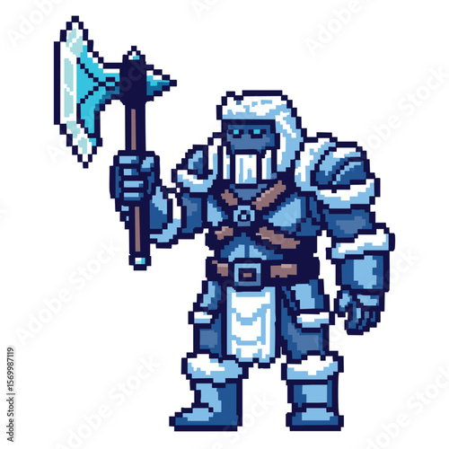 Pixel Art: Frost Giant Warrior, Ice Axe, Winter Soldier, 8-bit Game Character, RPG Avatar, Fantasy Illustration, Cold Climate, Crystalline Weapon