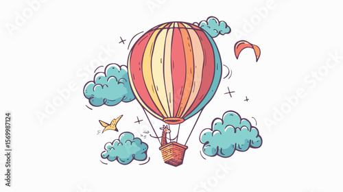 Adorable Llama Soaring in a Hot Air Balloon: Whimsical Hand-Drawn Vector Illustration sky art cute  