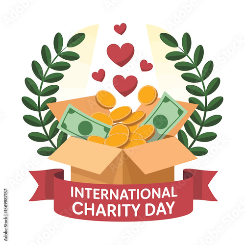 International Charity Day Vector Illustration A Heartfelt Donation Box Overflowing with Coins, Currency, and Love