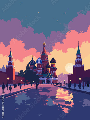 Red Square in Moscow lit at twilight, with St Basil’s colorful domes and Kremlin wall shadows