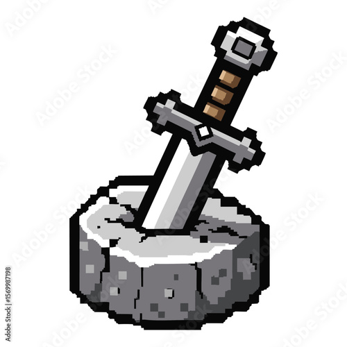 Pixel Art Sword in Stone: Game Asset, Medieval Weapon Graphic