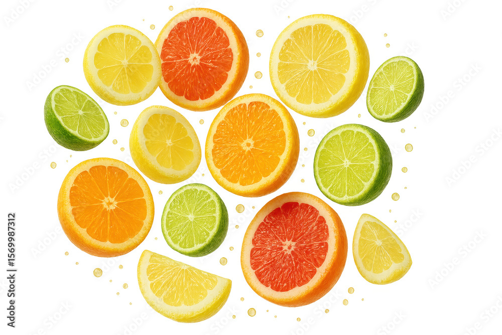 Obraz premium Citrus fruit slices of lemon, lime, orange, grapefruit isolated on transparent