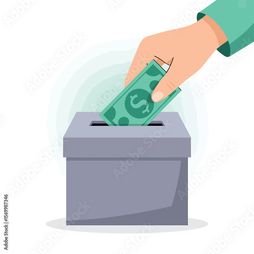 Hand Placing Paper Currency into Donation Box, Illustrating Charity, Fundraising