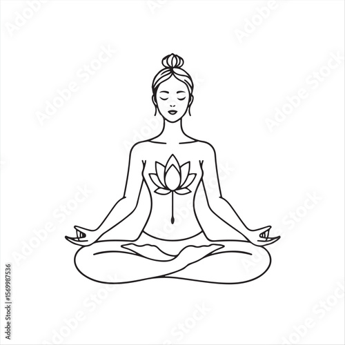 A simple, elegant, black and white vector graphic. A woman meditating, a lotus flower growing from her chest, drawn in a single continuous line. 
