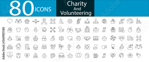 Volunteering and charity web icons in line style. Donate, donor, love, care, help, support, collection. Vector illustration. Line editable stroke