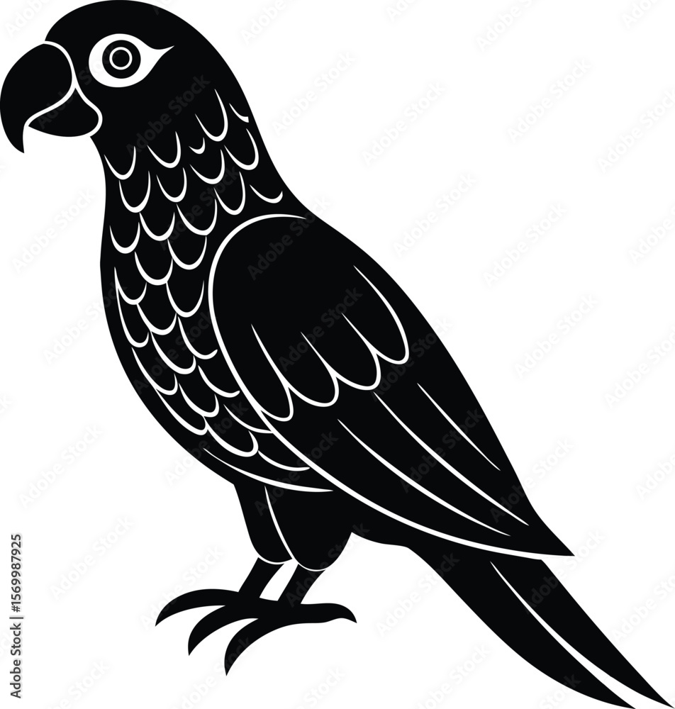 Fototapeta premium Elegant Parrot Silhouette: A stylized silhouette of a parrot, showcasing its elegant form and vibrant plumage in a monochrome design.