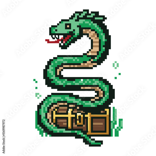 Pixel Art Green Serpent Guarding Treasure Chest: Fantasy Game Asset, 8-bit Reptile, Mythical Creature Design