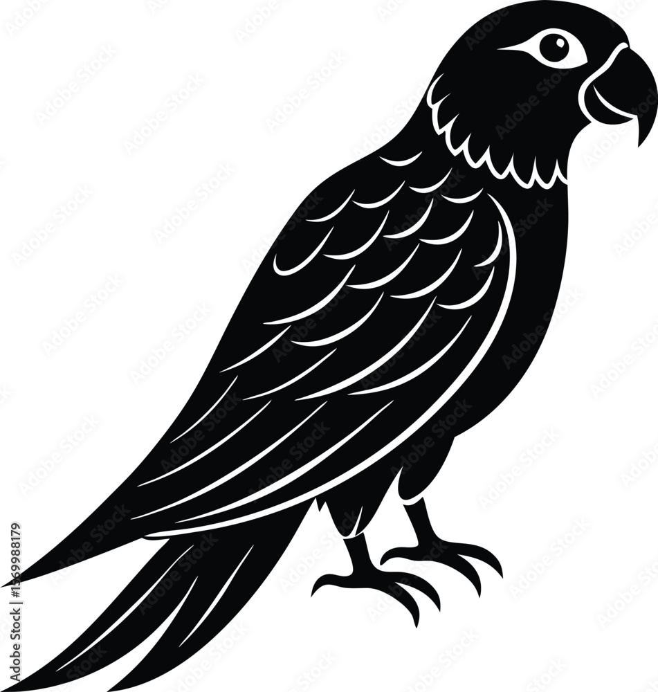 Obraz premium Parrot silhouette: A striking black and white silhouette of a parrot. Clean lines capture the bird's iconic features, emphasizing its graceful form and unique details.