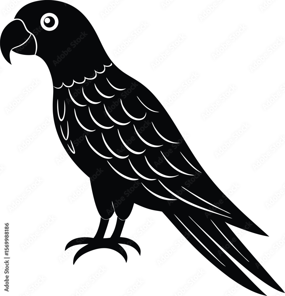 Fototapeta premium Parrot Silhouette: A simple yet striking black silhouette of a parrot, capturing the distinctive features of this iconic bird with clean lines and artistic flair.