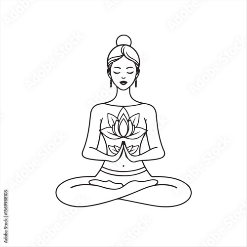 black and white vector graphic. Single continuous line drawing of a woman meditating, lotus flower emanating from her chest. Monoline style, thin black strokes, negative space utilized creatively. 