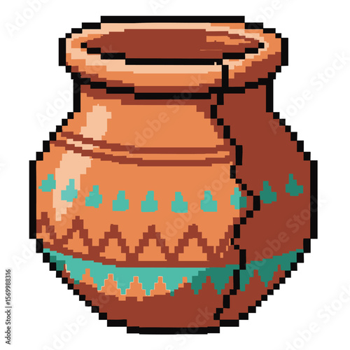 Pixel Art Clay Pot: Broken Terracotta Jar with Tribal Design - 8-bit Pottery