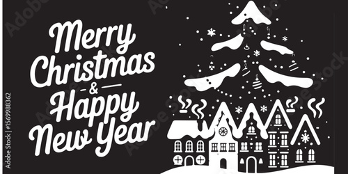 Merry christmas and happy new year text with christmas tree and houses on a black background