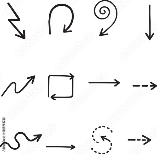 Collection of hand drawn black arrows in various styles including zigzag curved spiral square dashed and straight pointing in different directions