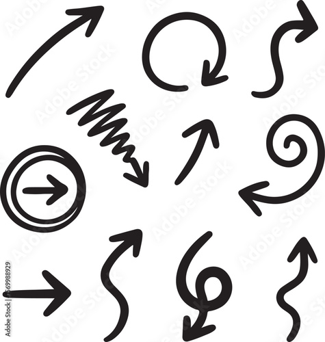 Collection of hand drawn black arrows pointing in various directions with different styles including curved wavy and circular shapes on a white background