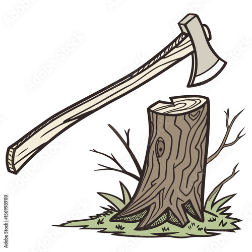Axe and tree stump with grass and branches in natural setting