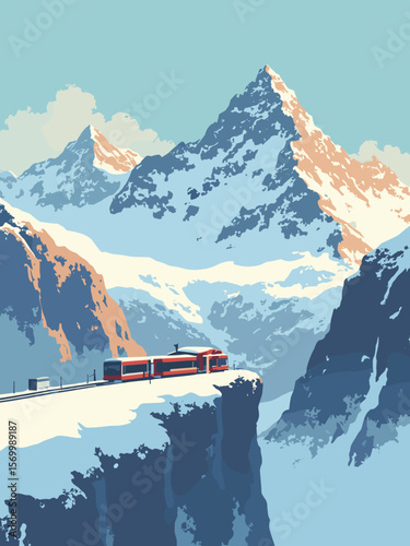 Jungfraujoch snowy Alpine pass with rail station, mountain peaks, and deep glacier shadows