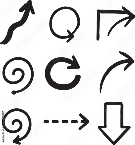 Collection of nine hand drawn black arrows and symbols in various shapes and directions on a white background for design
