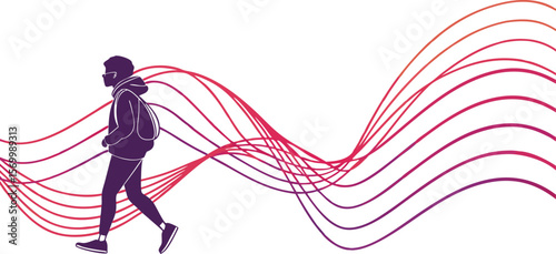 Silhouette of a young person walking with a backpack against a backdrop of abstract colorful flowing lines creating a modern and dynamic visual concept on