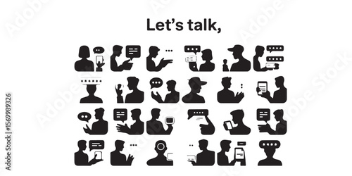 Black silhouettes of people communicating with speech bubbles and mobile devices on white background