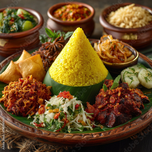 Indonesian Tumpeng Yellow Rice with Traditional Side Dishes on Banana Leaf, Festive Javanese Cuisine, Cultural Celebration Food, Authentic Nusantara Culinary Spread