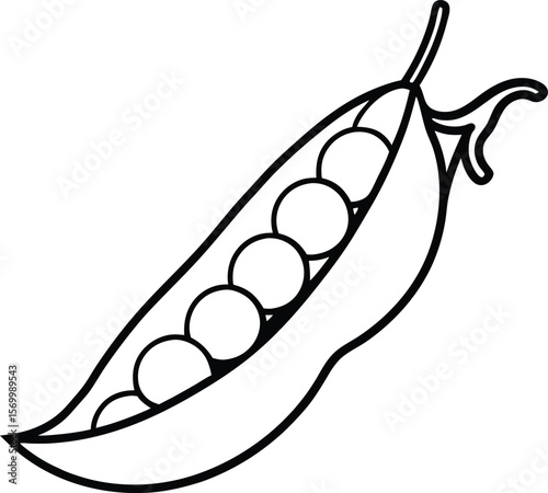 Peas Pod Outline: A simplistic illustration of a pea pod, its open shell reveals a row of vibrant, round peas, presenting a fresh, crisp, and wholesome image.