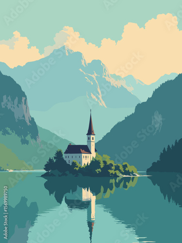 Lake Bled with church on island in emerald water, misty mountains and castle on cliff at sunrise