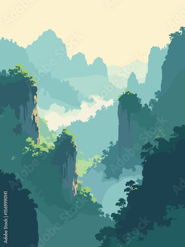 Wulingyuan Scenic Area with misty green cliffs and narrow rock spires in dense forest landscape