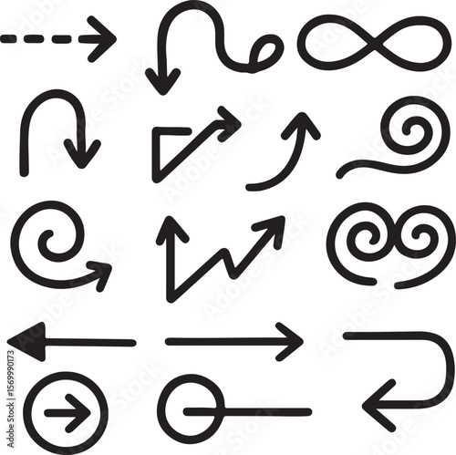 Collection of diverse hand drawn arrow icons and symbols including directional pointers curves infinity symbol and circular elements on a white background